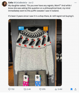 picture of a tweet transcribed in the article with a puffin sweater