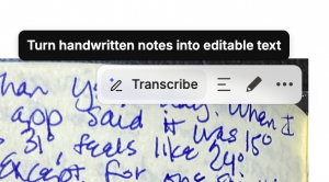 Evernote's Transcribe button on a picture of handwritten text.