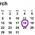 March 2021 calendar with Thursday the 18th circled in purple