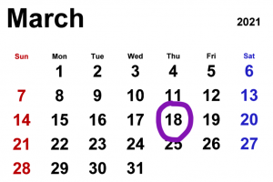 March 2021 calendar with Thursday the 18th circled in purple